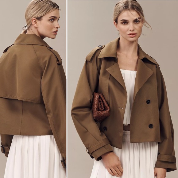 By Anthropologie Jackets & Blazers - NWT Anthropologie Cropped Trench Coat XS Brown Tan Double Breasted Jacket $158